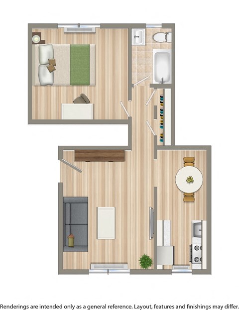 one bedroom apartment floor plan rendering at 1400 van buren apartments